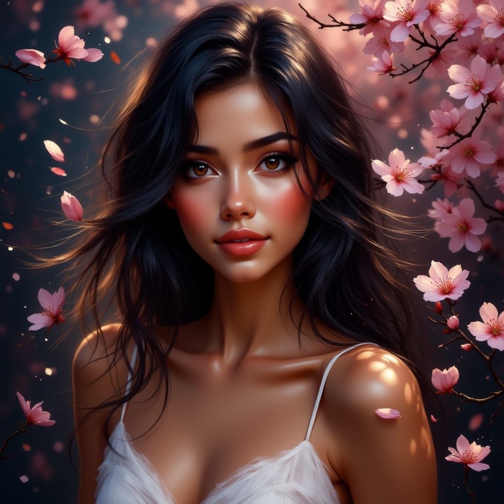 Photorealistic Filipina Woman with Cherry Blossoms