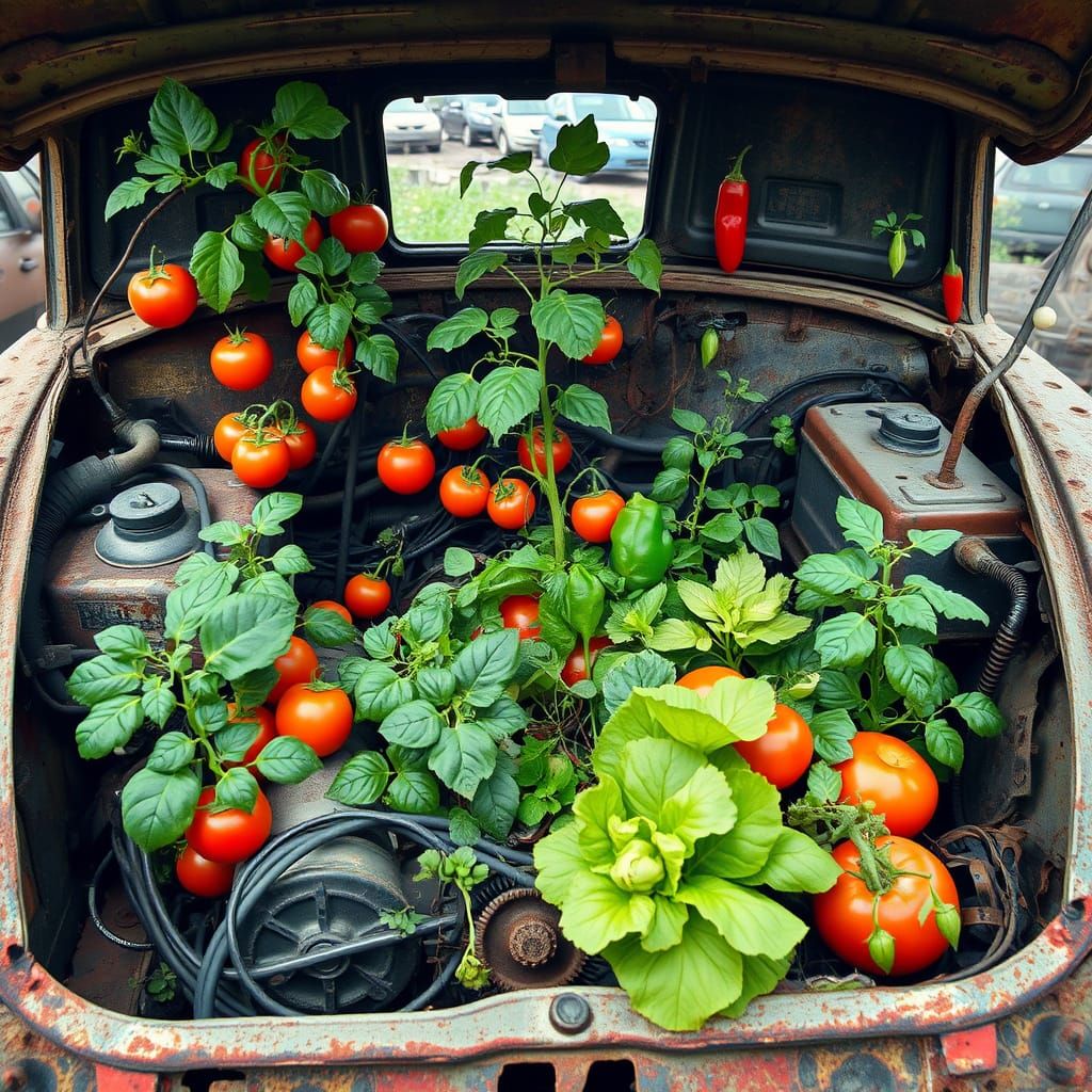 Vegetable Garden Growing in Car Engine, Surrealist Style