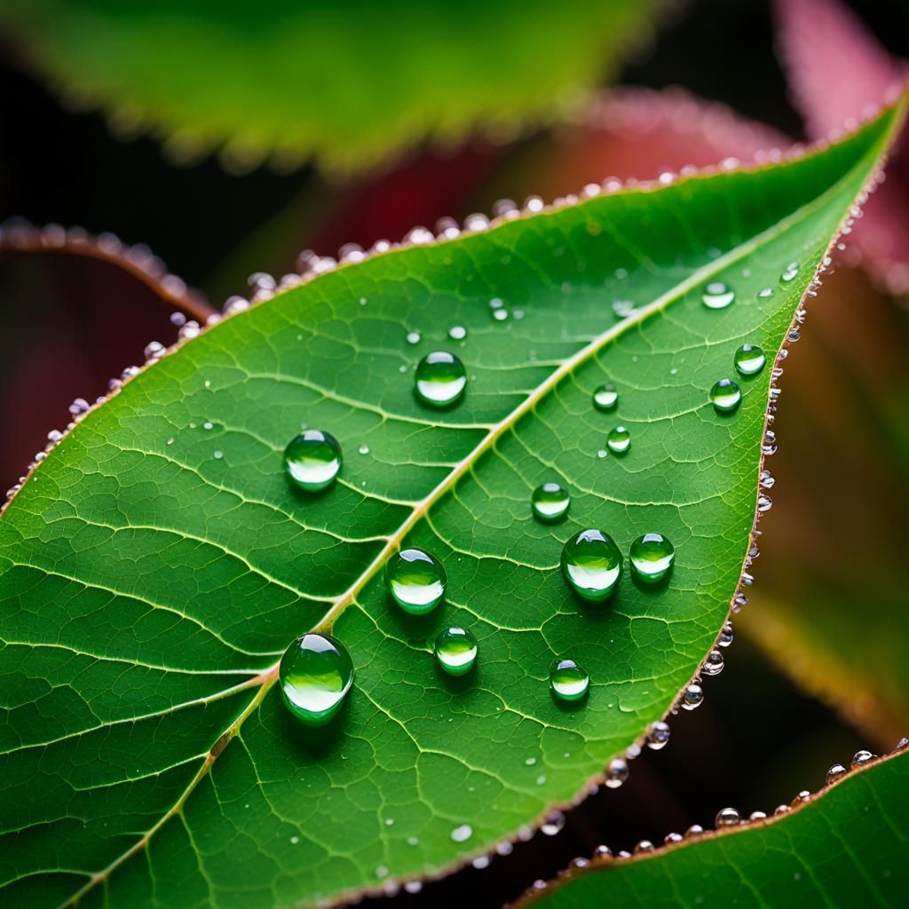 Green Leaf Reflected in Waterdrop: Hyperrealistic Bioart