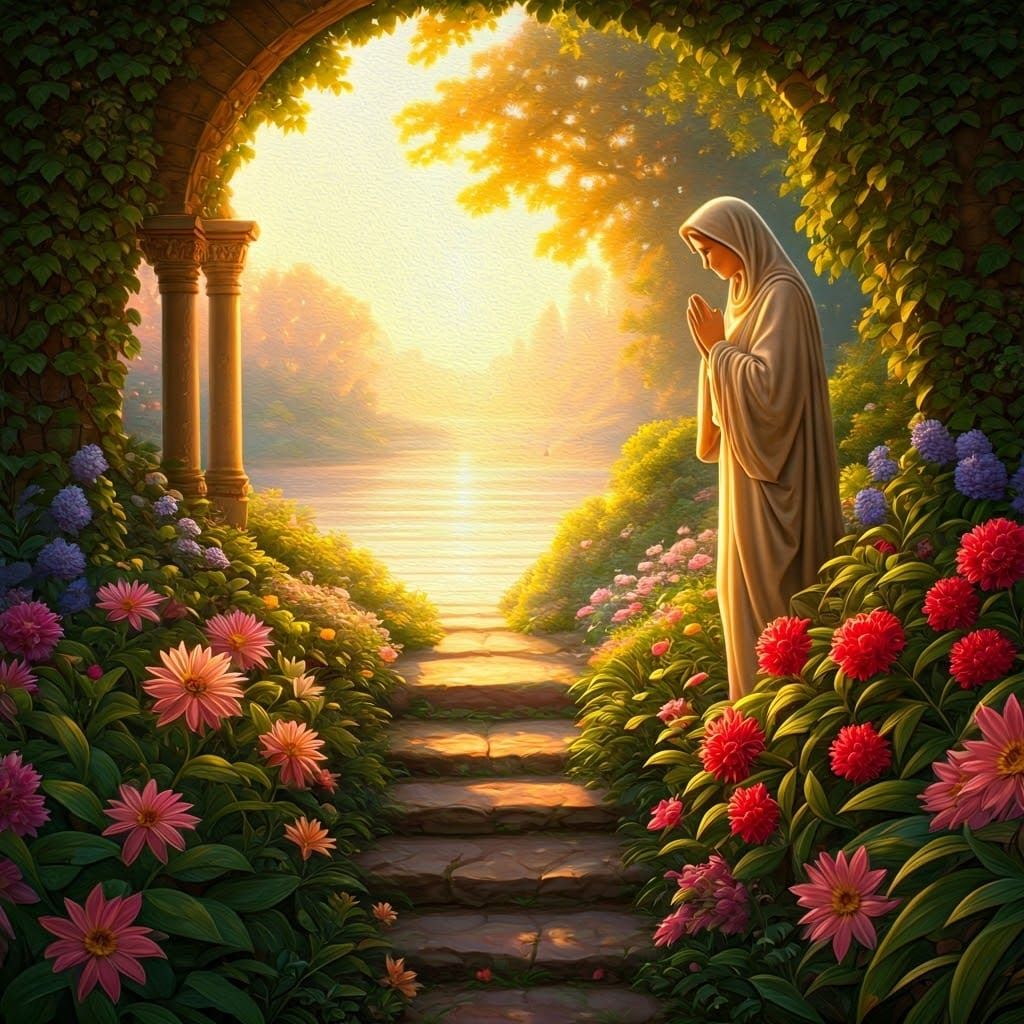 Sacred Morning in Golden Light as a Whispering Woman of Fait...