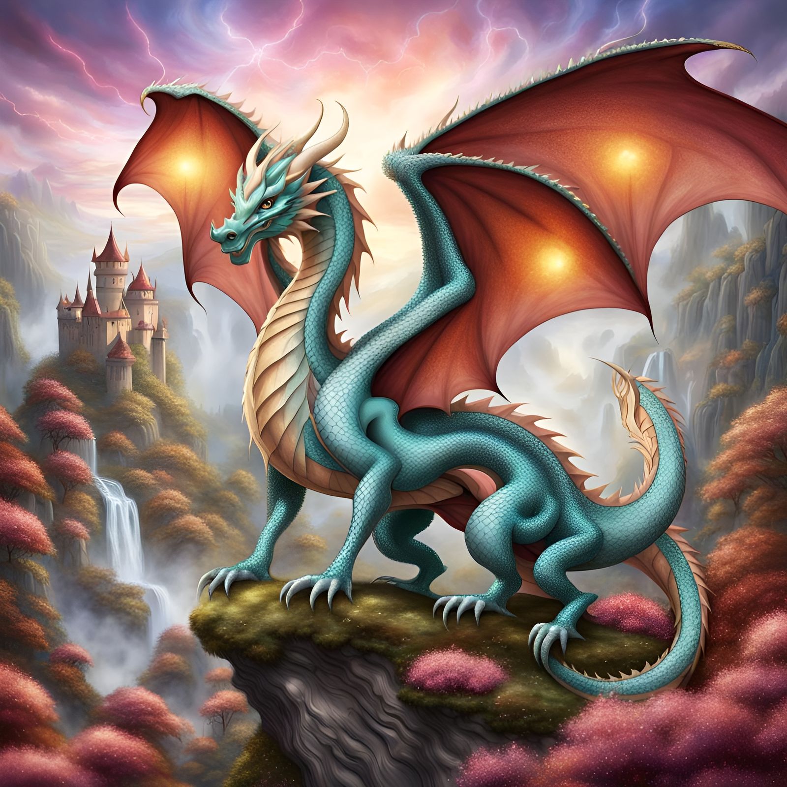 Sparkly Mythical Dragon in Fantasy Landscape