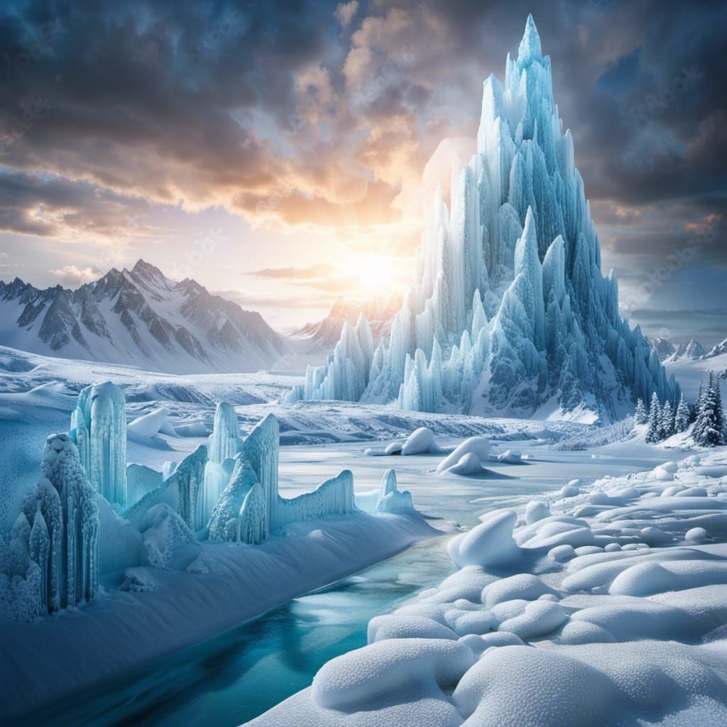 Epic Ice God Tower in Wintery Fractal Landscape