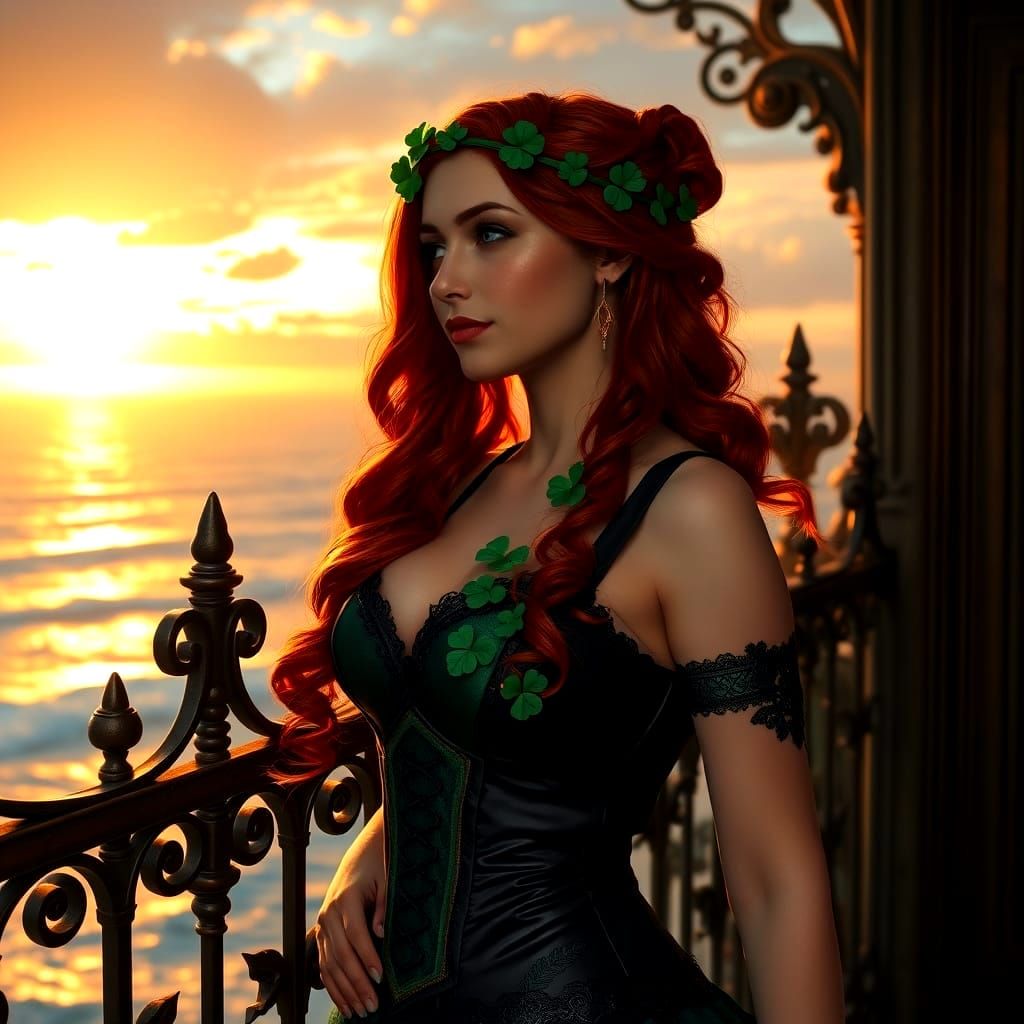 Redhead in Corset at Sunset Over Ocean