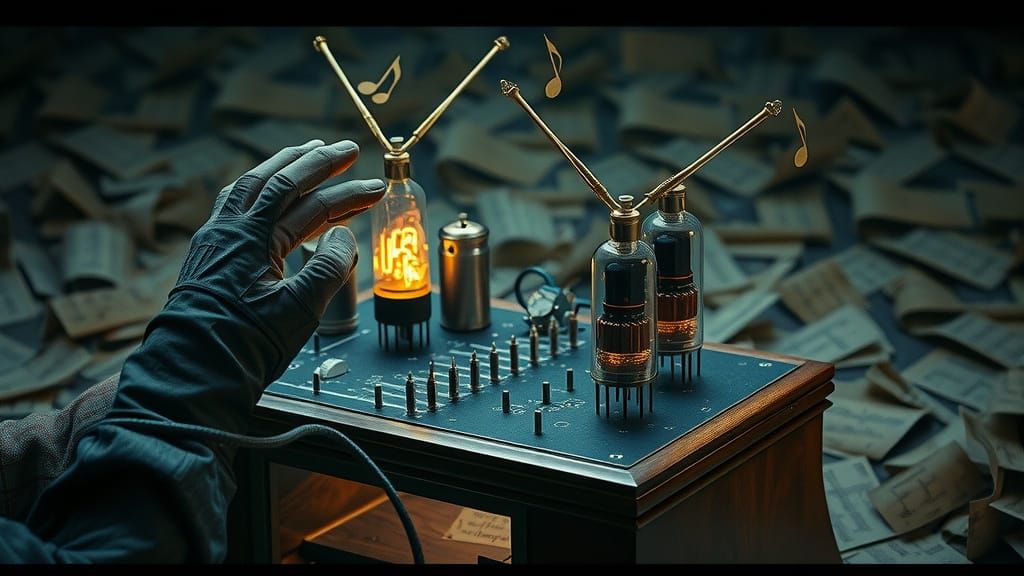 Ornate Theremin with Glowing Tubes in Retro-Futuristic Style