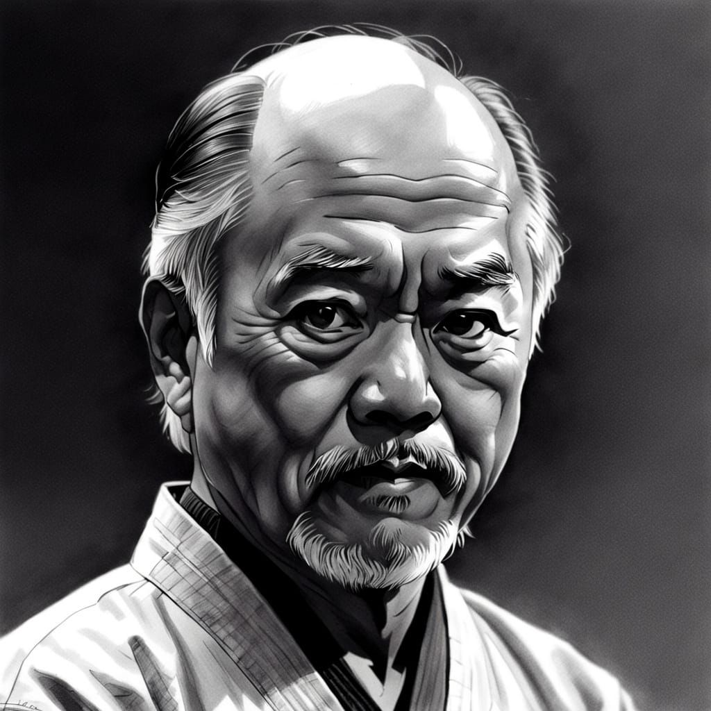 Mr. Miyagi Portrait in Black and White Pencil Sketch