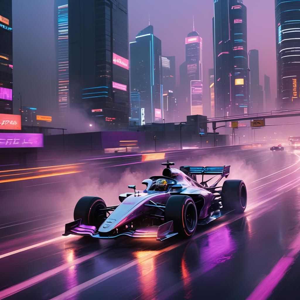 Futuristic F1 Car Races Through Neon Cityscape
