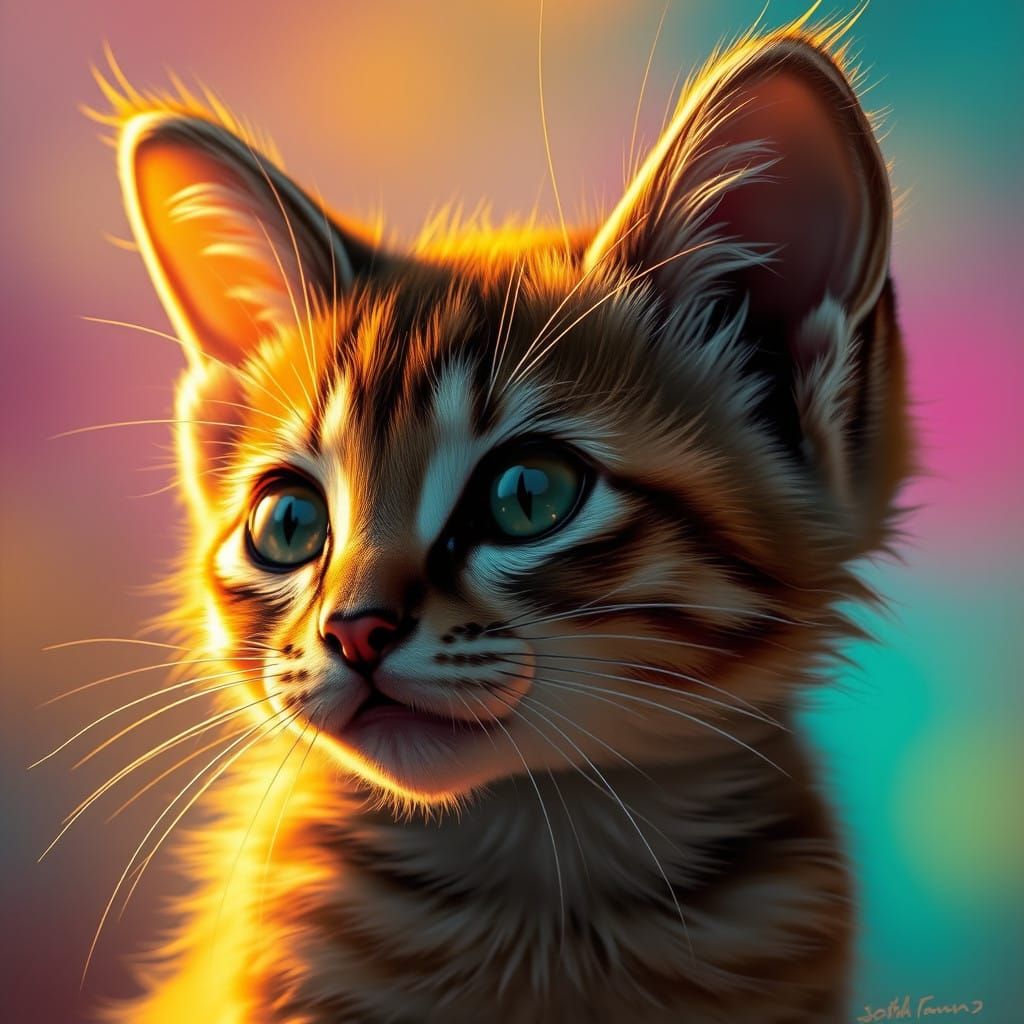 Whimsical Kitten Portrait in Vibrant, Hyperrealistic Style