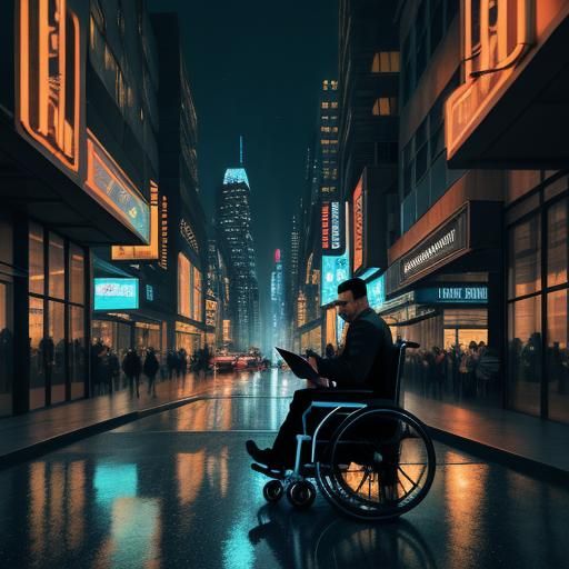 Person in Wheelchair Using Laptop in Cityscape