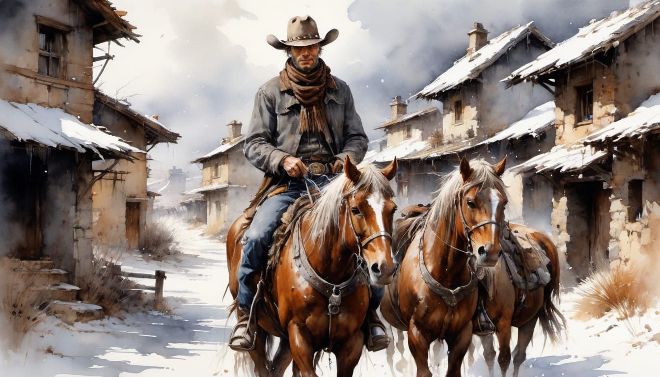 Watercolor Winter Cowboy Riding Horse Through Rustic Snowy T...