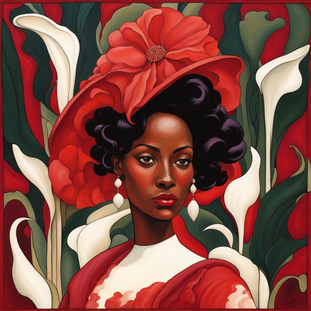 Black Woman and Violets in Art Nouveau Style