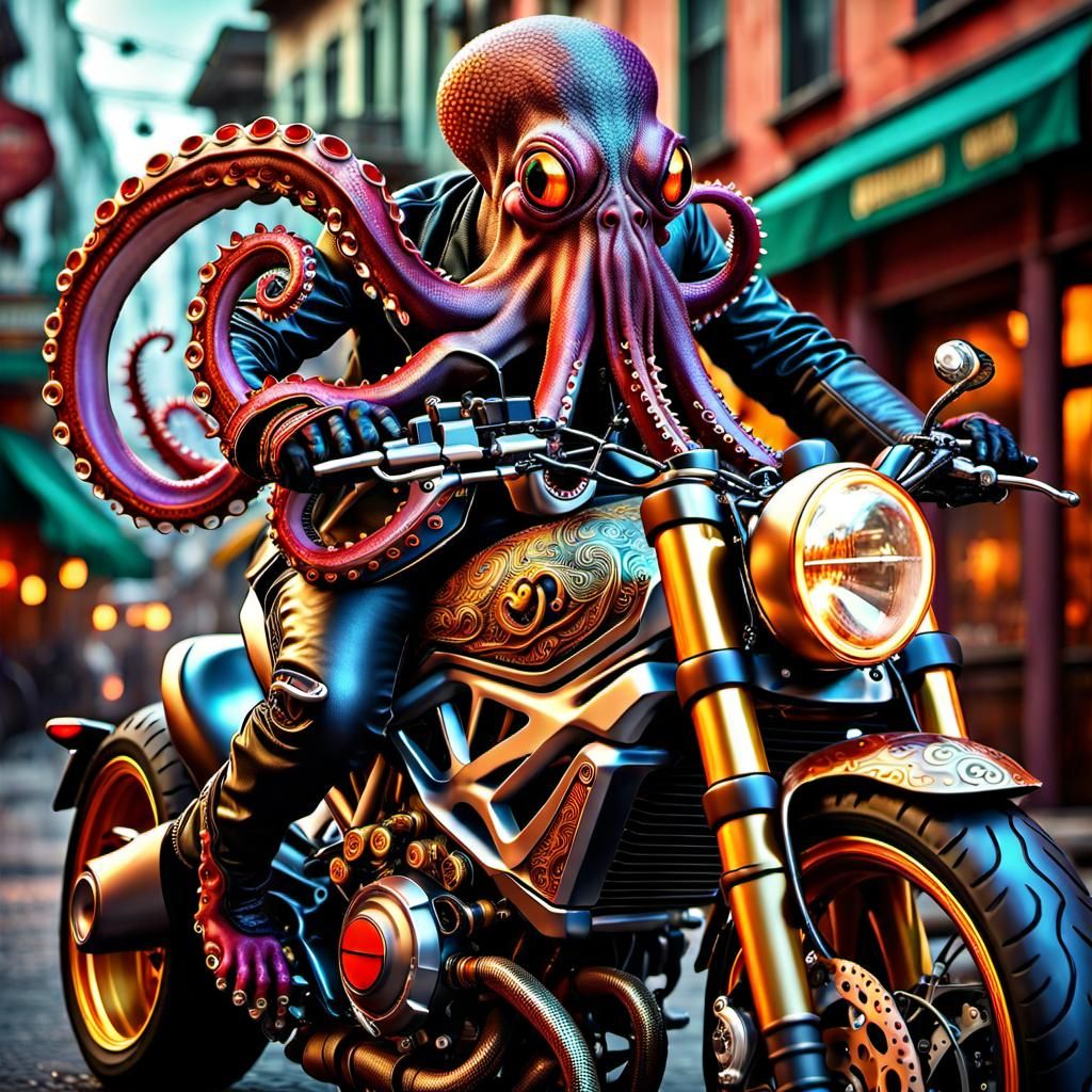 Octopus Rides Motorcycle in Steampunk Style