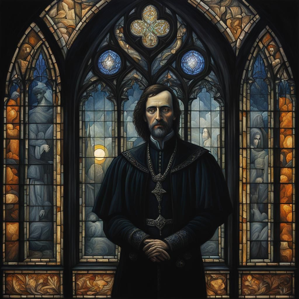 Gothic Figure in Castle, Pre-Raphaelite Oil Painting