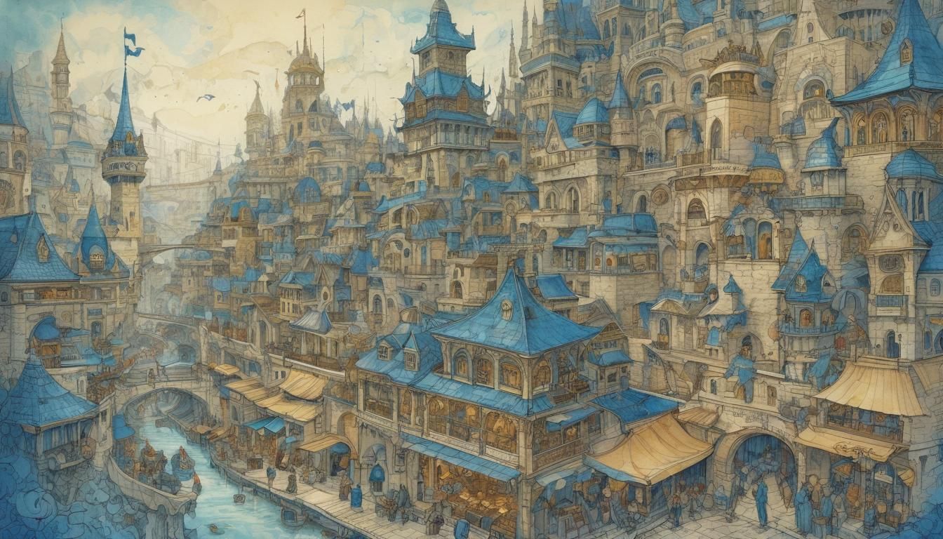 Fantasy City Blueprints in Watercolour Impressionist Style