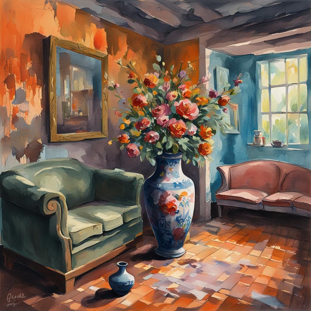 Haunted Vase in Derelict Room: Gouache Impressionist Paintin...
