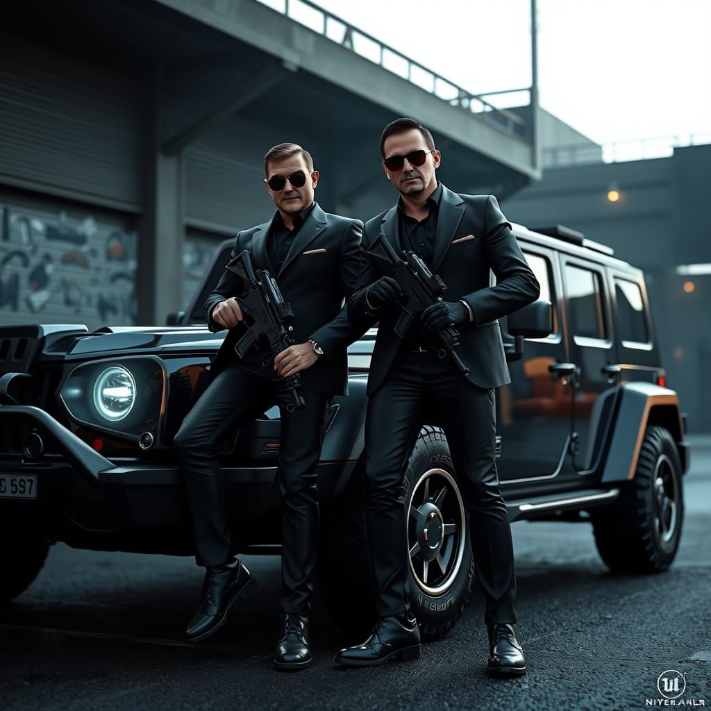 Men in Black in Futuristic Jeep, High-Tech Urban Landscape