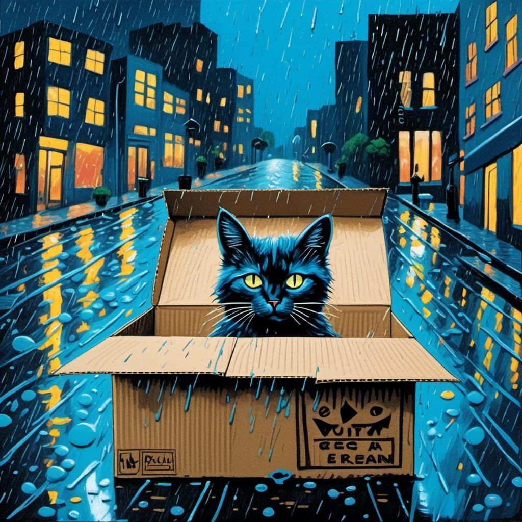 Sad Cat in Neon Rain Outside Therapy Office