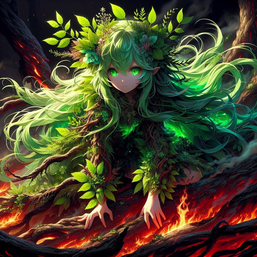 Anime Druid Girl Engulfed in Flames