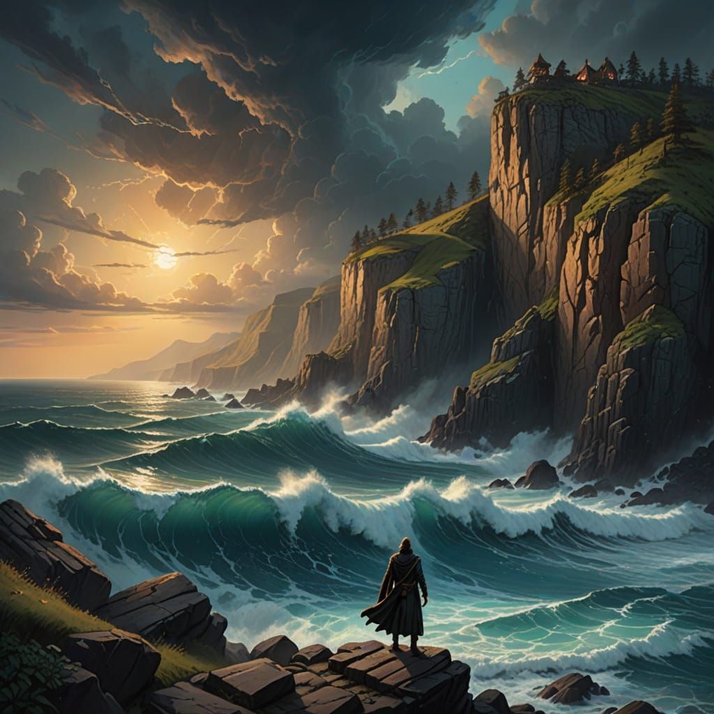 Stoic Figure Etched into Cliff Face Amid Turbulent Stormy Se...