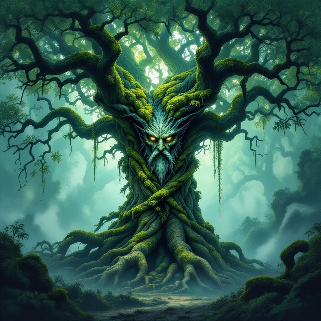 Ancient Tree Spirit in Misty Forest, Fantasy Concept Art