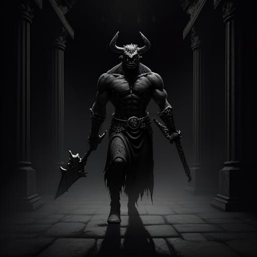 Colossal Minotaur in Dark Fantasy Labyrinth