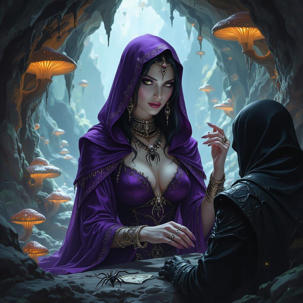 Drow Noble Negotiates in Bioluminescent Underdark Setting