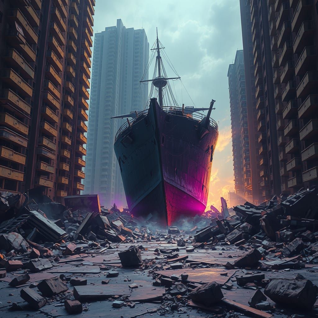 Colossal Ship Stranded Between Buildings: Dark Fantasy Scene