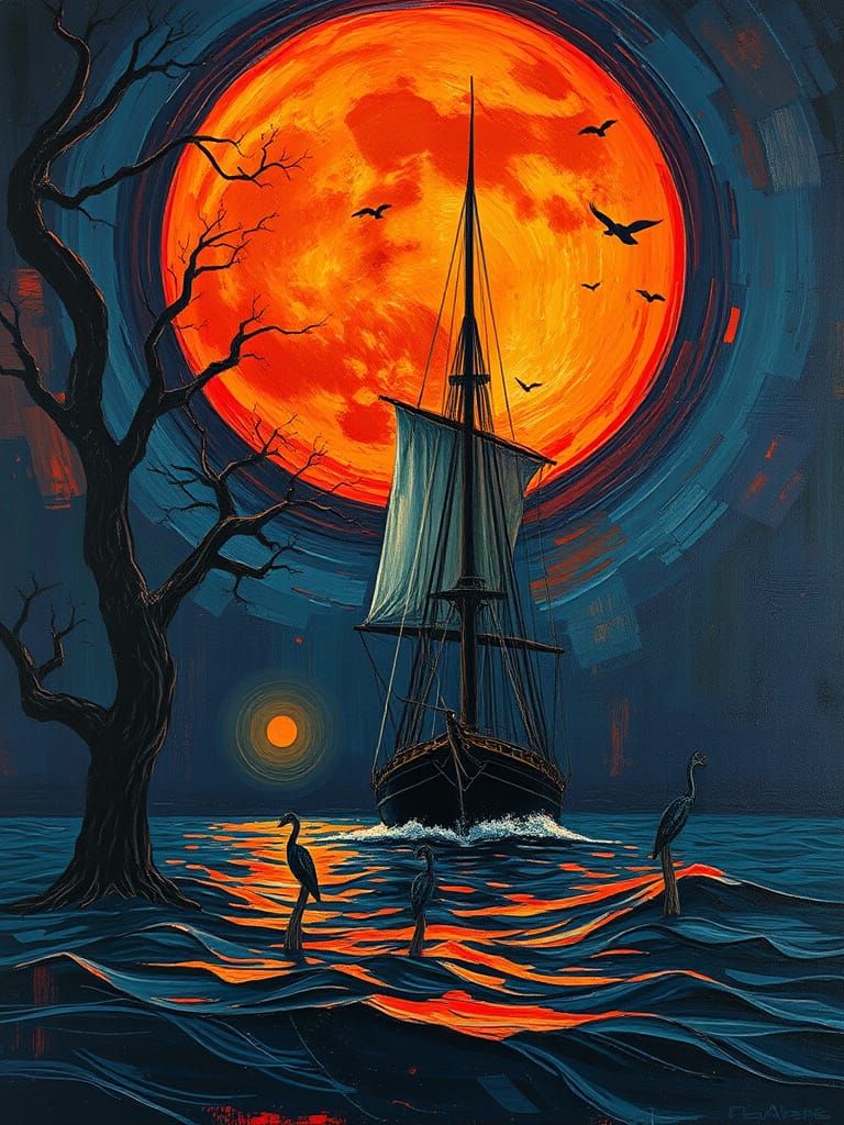 Tall Ship Under a Vibrant Moon as Impasto Painting