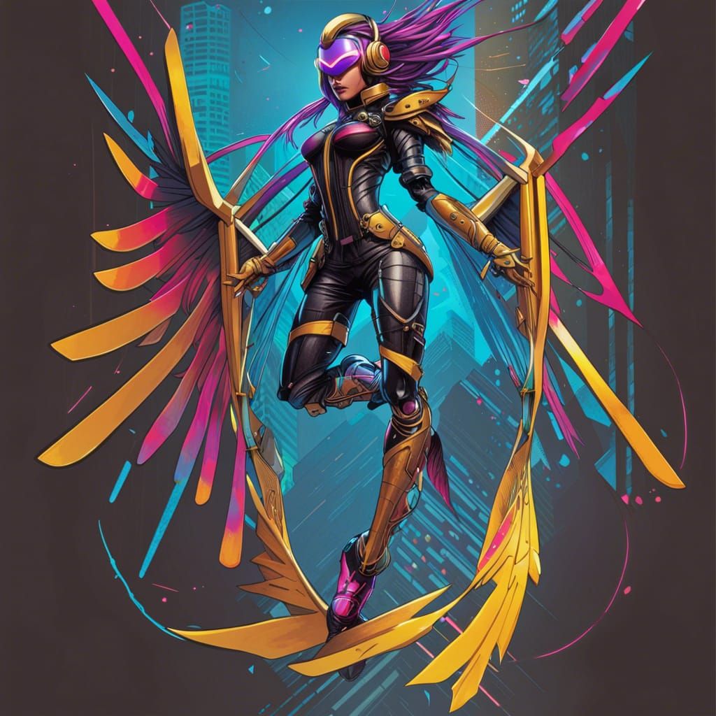 Cyberpunk Dragonfly Superhero in Neon Cityscape