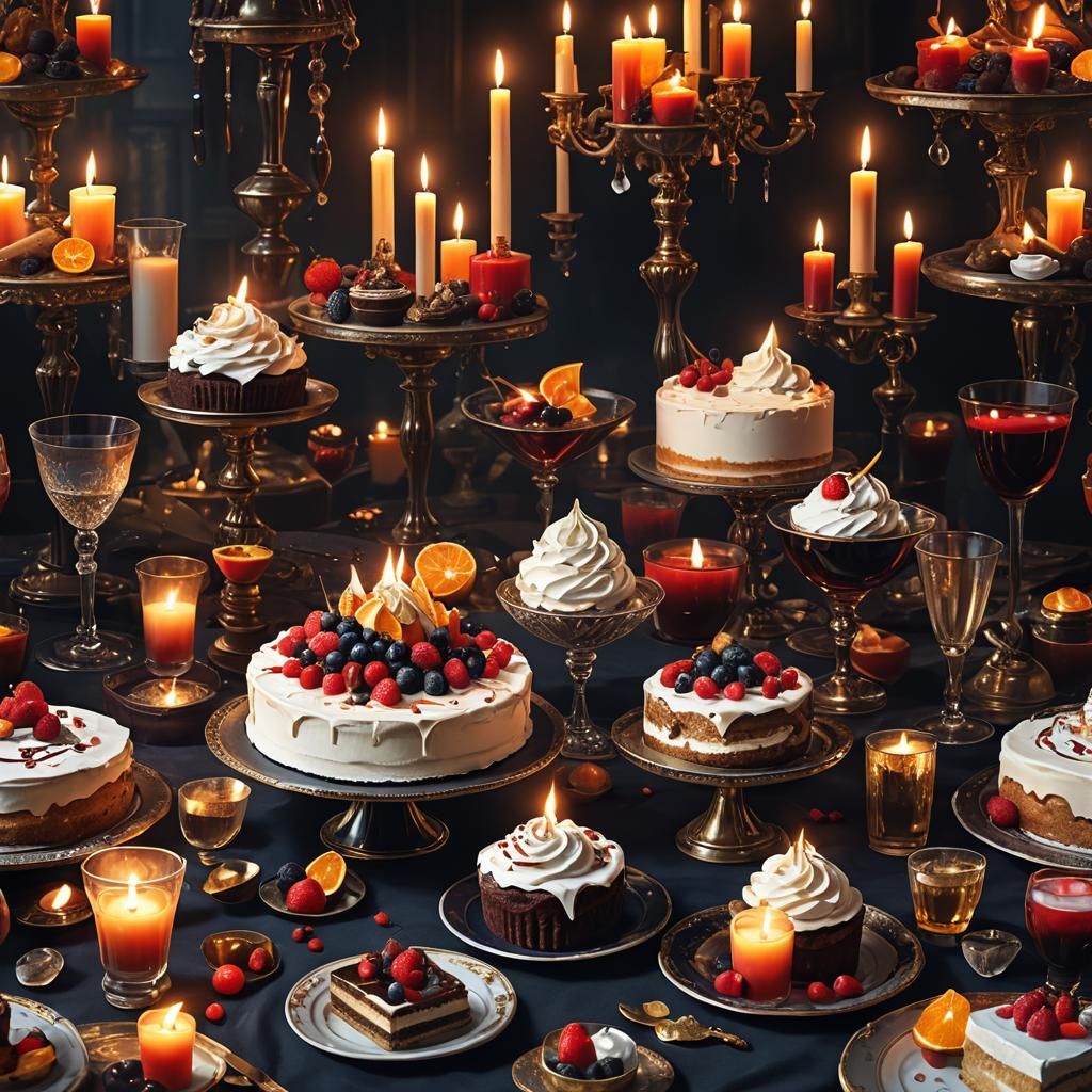 Luxurious Cakes and Cocktails: Fantasy Art Illustration