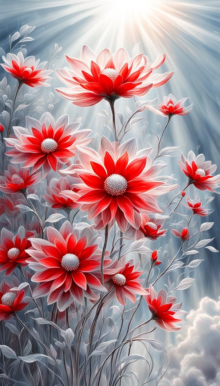 Ethereal Floral Fantasy in Silver and Red