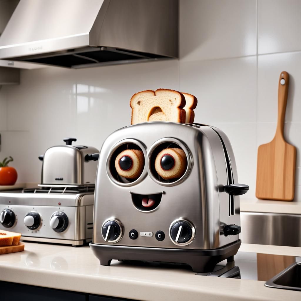 A stainless steel toaster with googly eyes in a modern kitch...