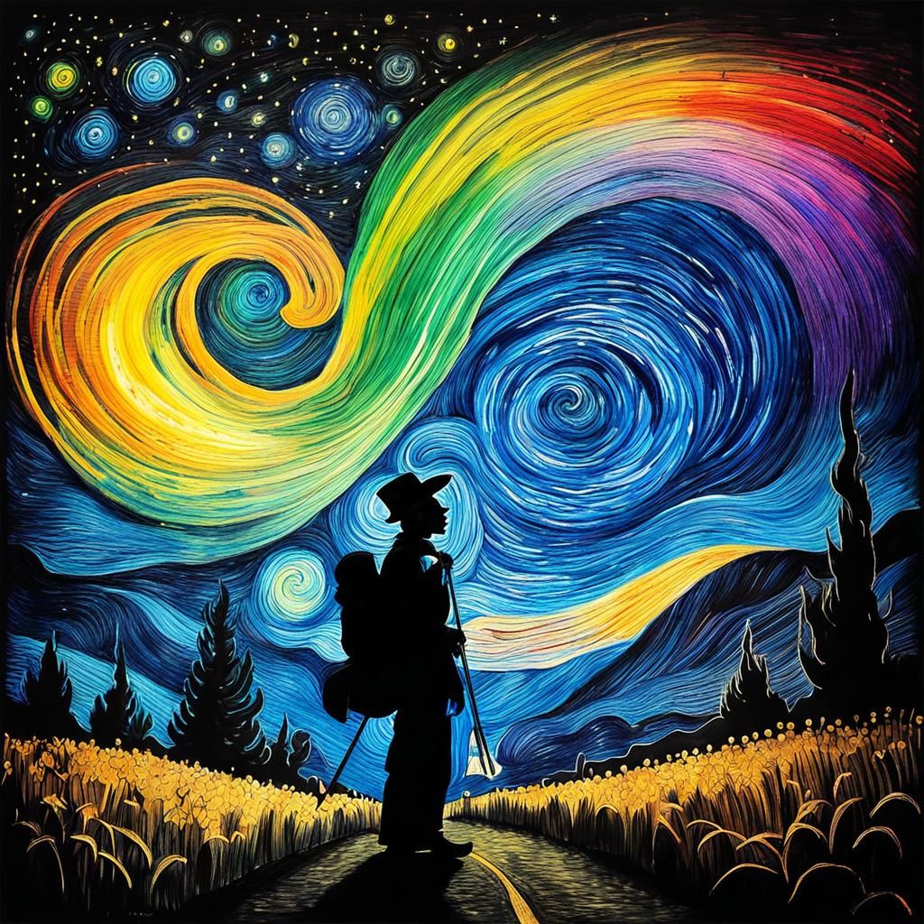 Child Flies on Starry Night in Surrealist Style