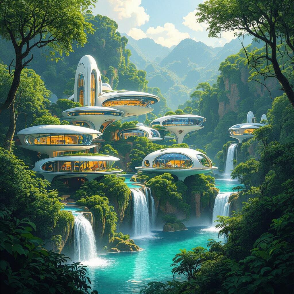 Futuristic Rainforest Village Inspired by Art Nouveau
