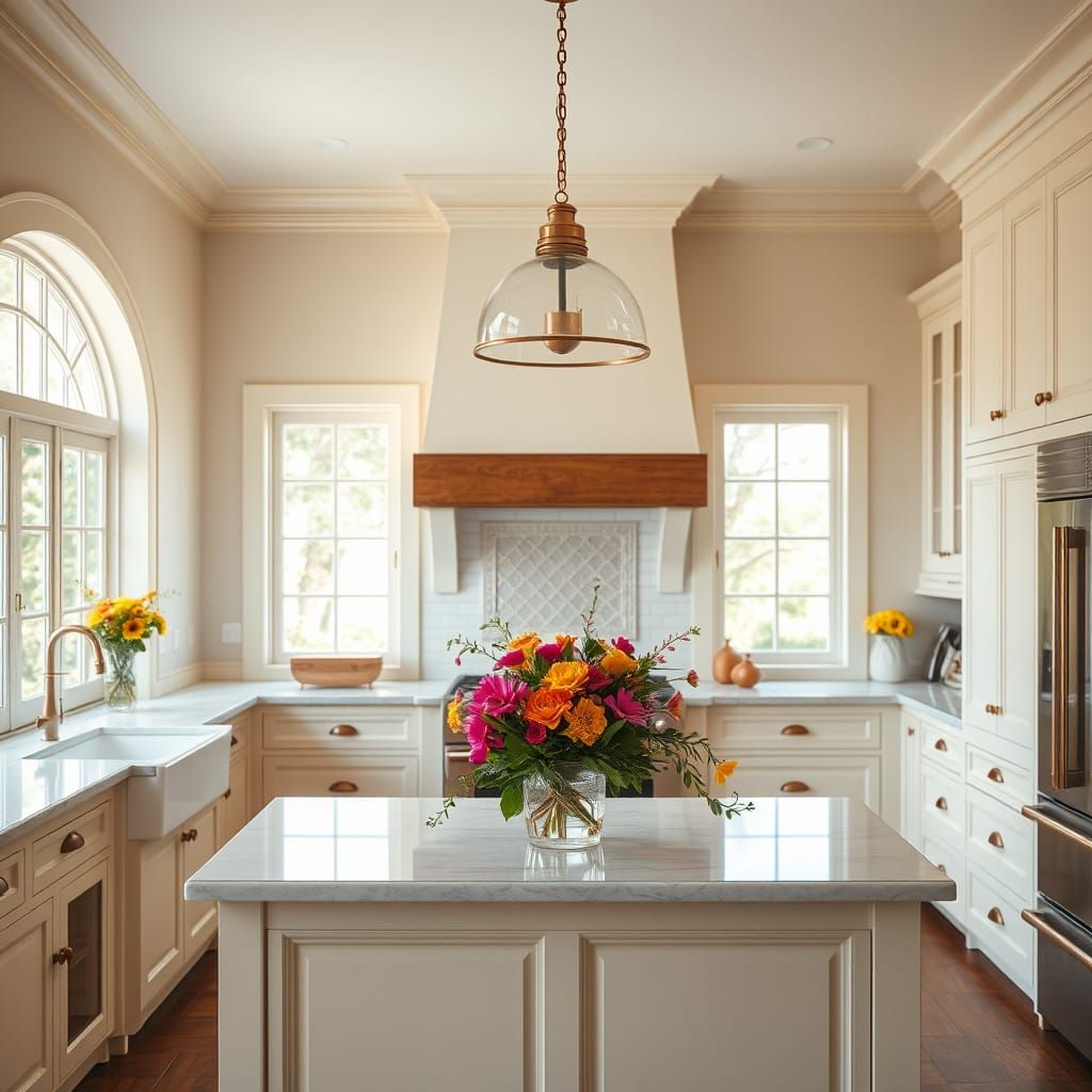 Luxurious Colonial-Style Kitchen in Warm, Elegant Hues
