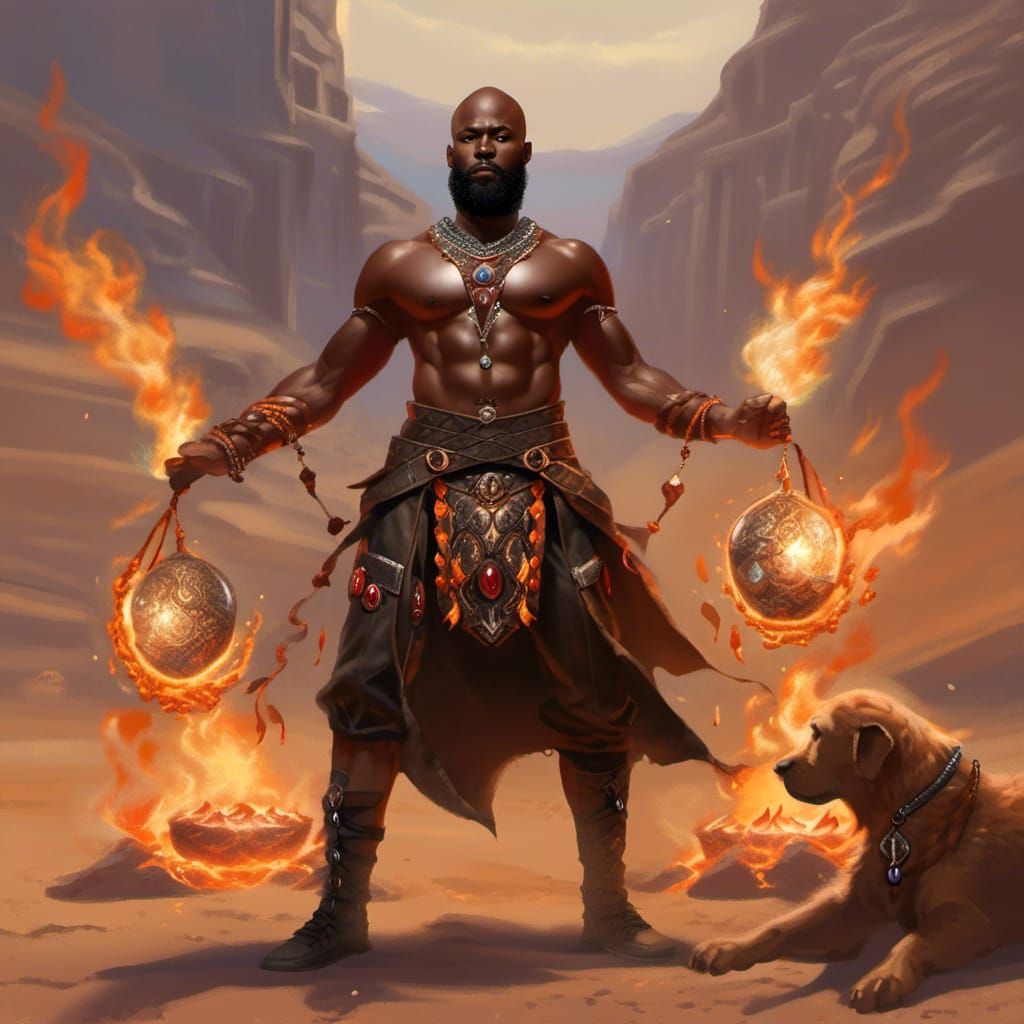 African Warrior Mage Summons Fire in Desert