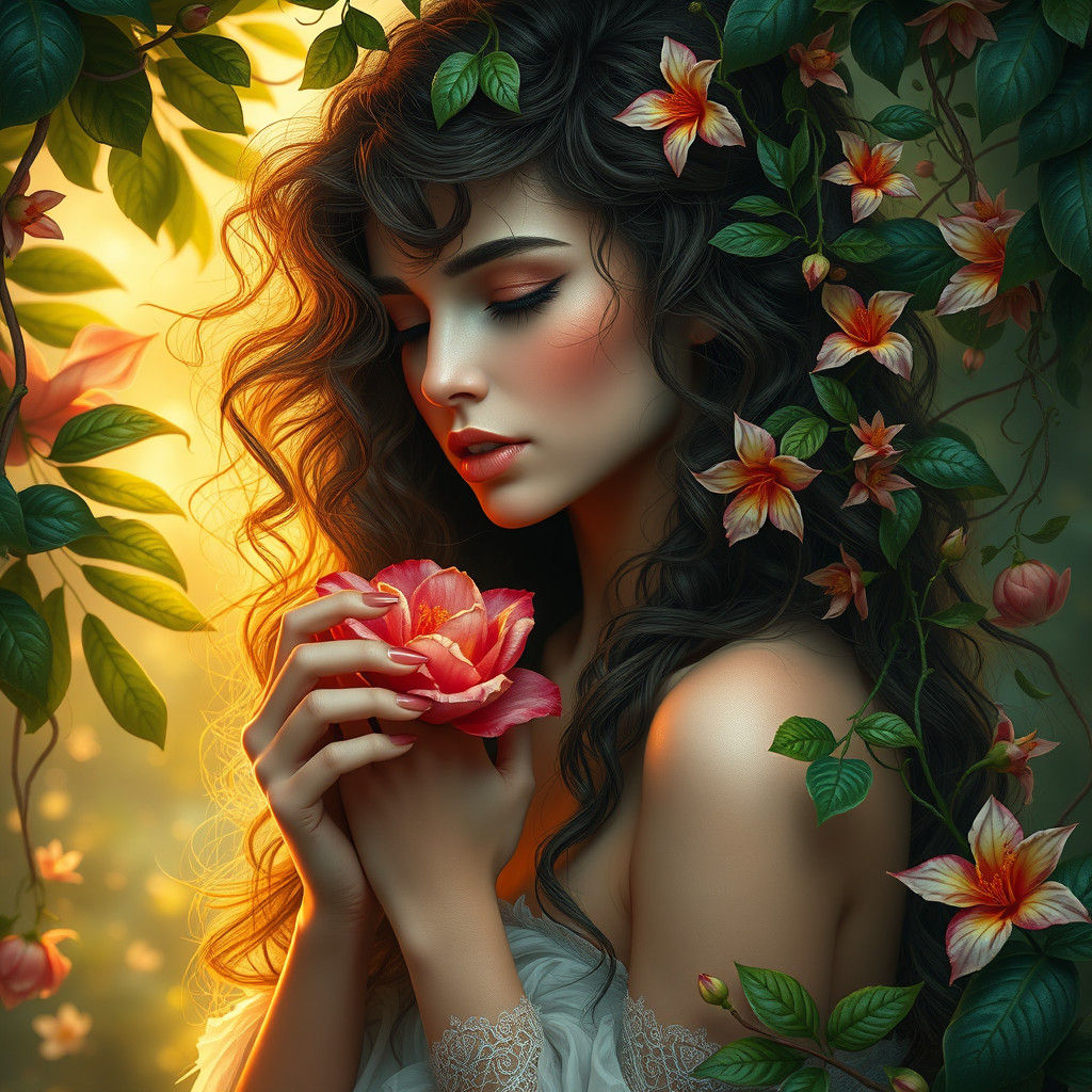 Enchanted Woman Surrounded by Lush Greenery