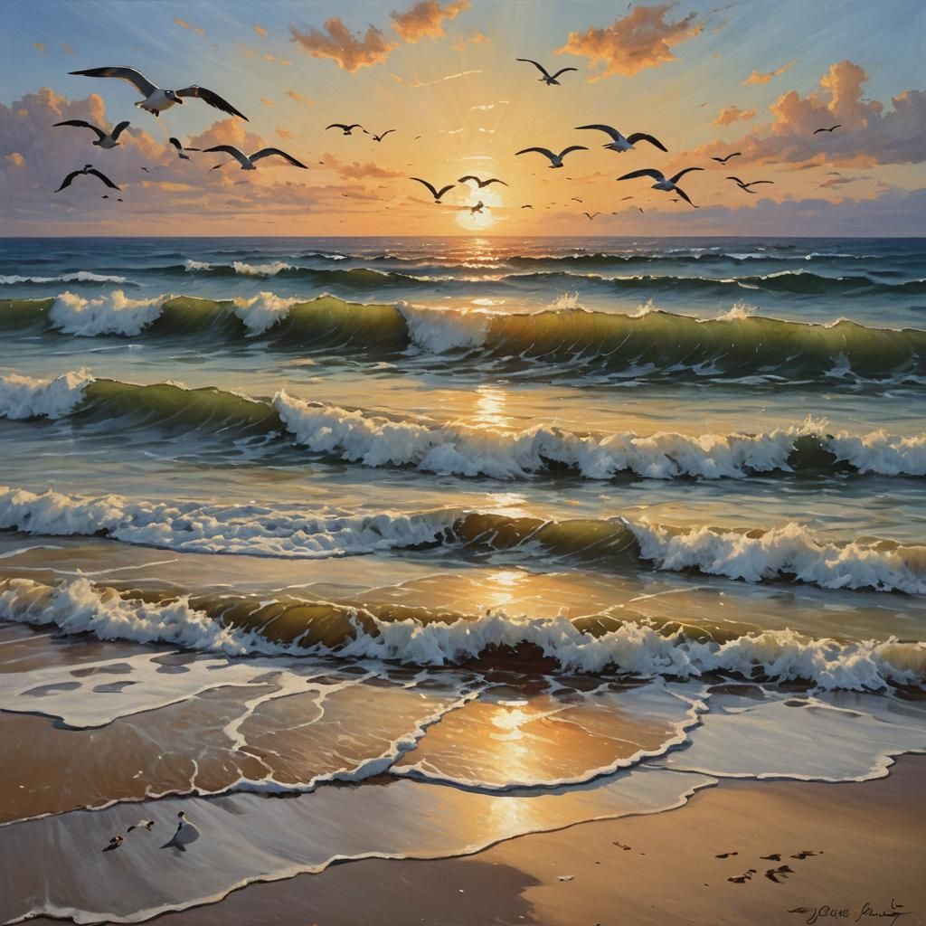 Beach Sunset with Seagulls, Oil Painting