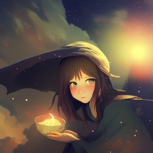 Anime Witch Girl Casting Spell in Ghibli Style