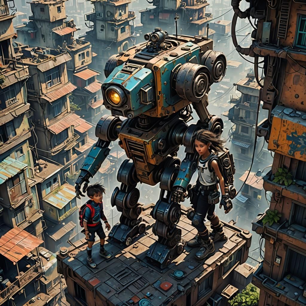 Street urchin Brother and sister helping each other climb over a derelict mecha high above a favela metal cyberpunk M...