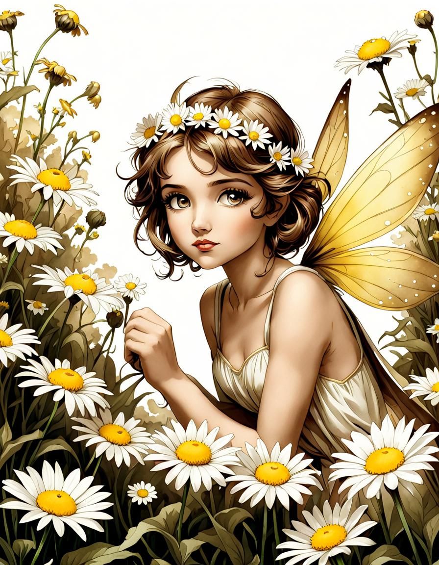 Daisy Fairy Hiding, Vintage Sepia Watercolor