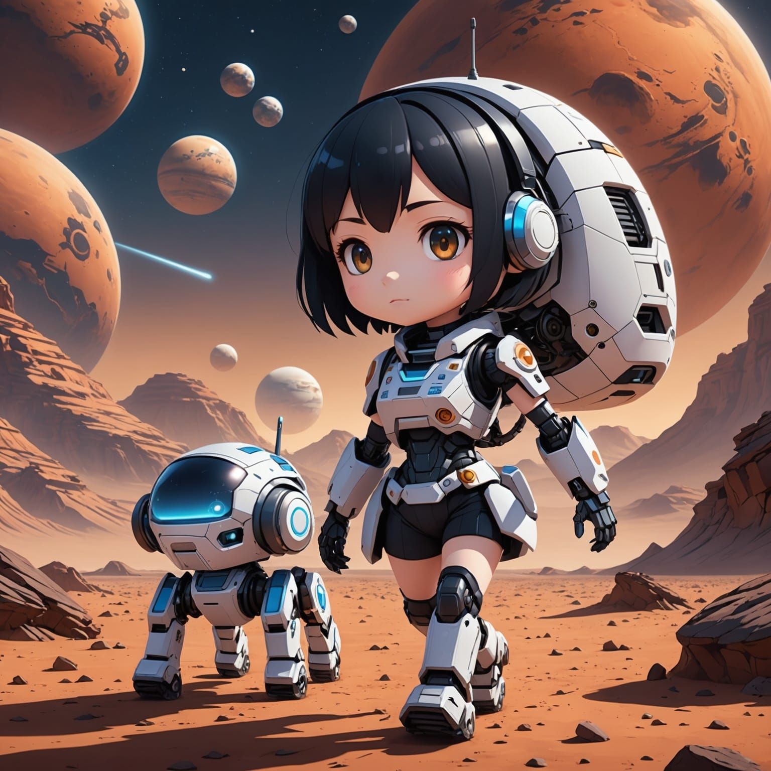 Anime Girl Walking Robot Pet on Mars
