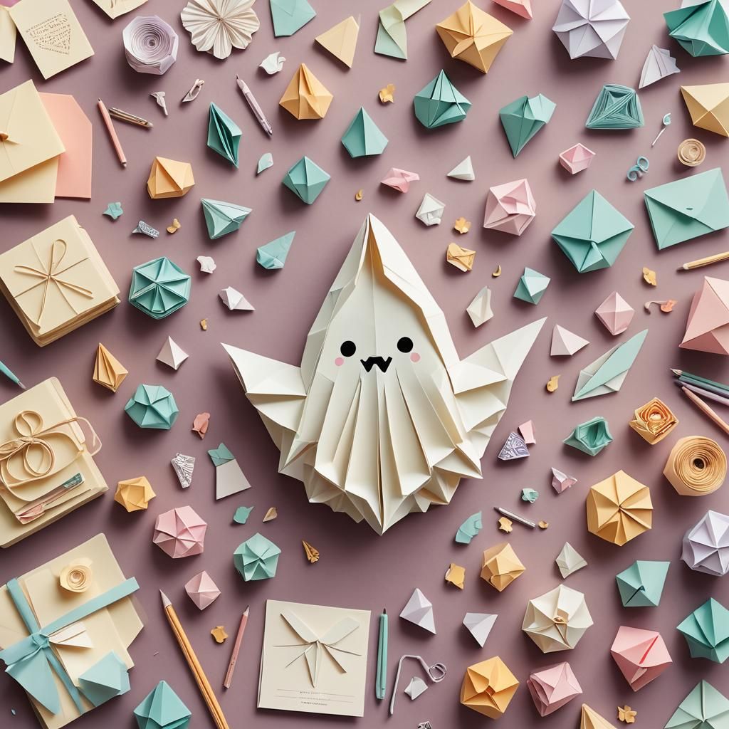 Cute Origami Ghost on Desk in Papercraft Style