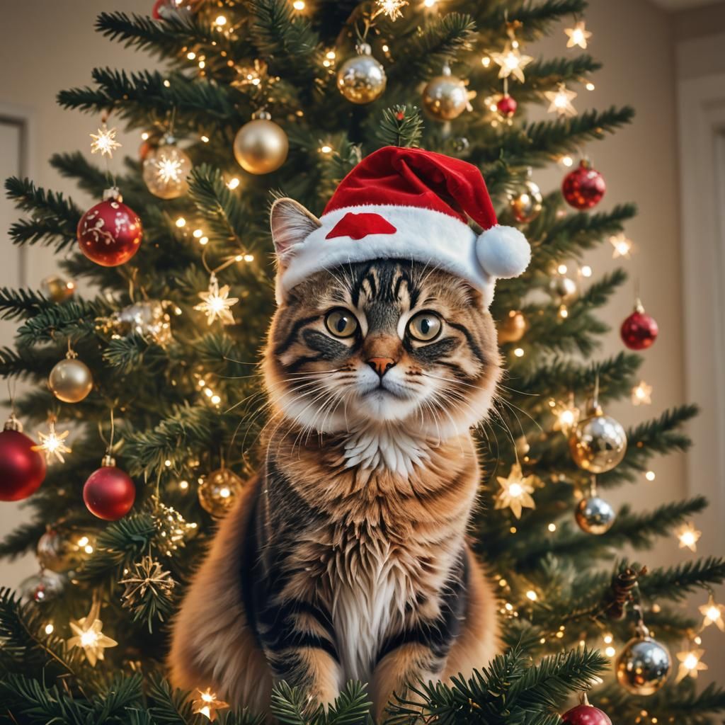 Festive Cat in Santa Hat by Christmas Tree