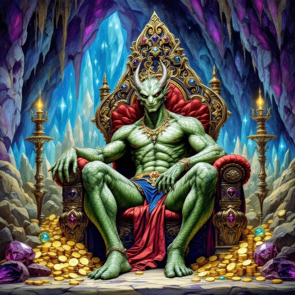 Dragon-Man King in Crystal Cavern, Ink and Pencil Art