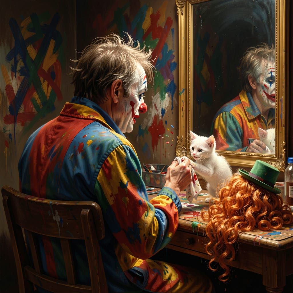 Tired Clown's Reflection with Kitten, Hyperrealistic Style