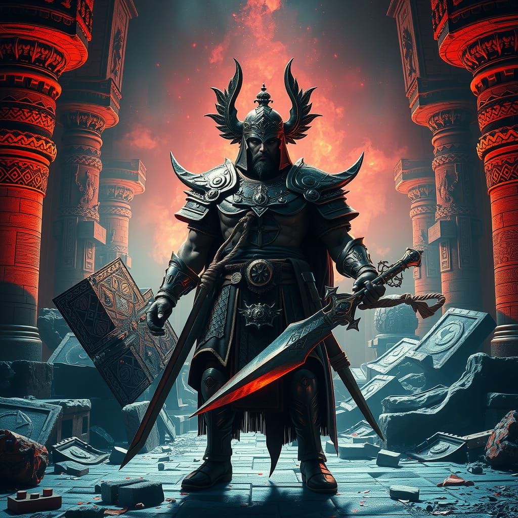 Armored Hittite Warrior in Ruined Temple: 3D Game Art