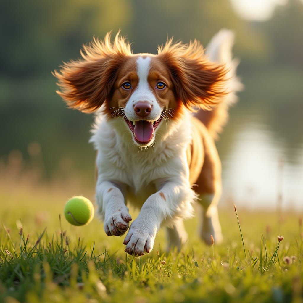 Vibrant Brittany Spaniel Leaps for Tennis Ball in Lush Meado...