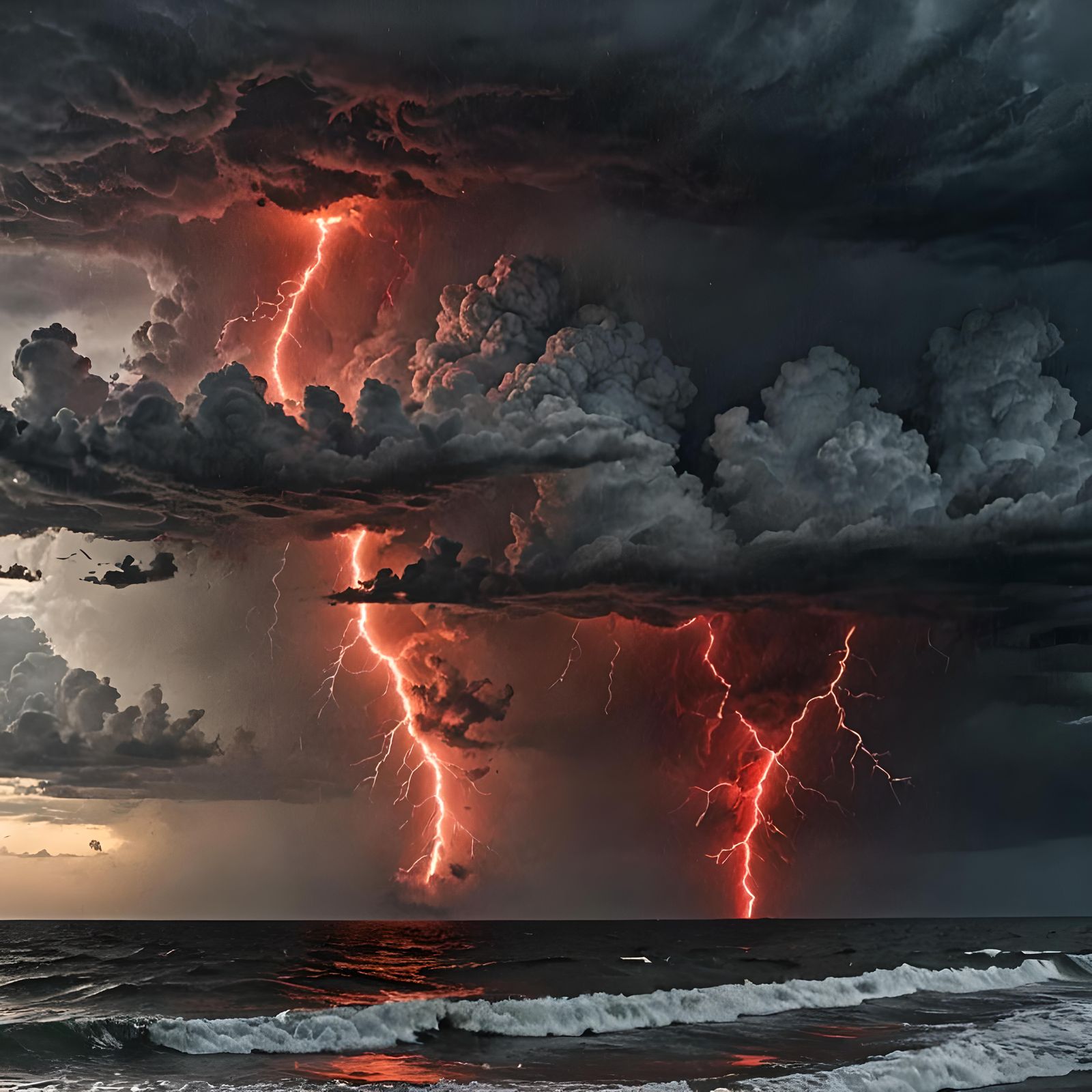 Horrific Red Sea Under Gray Sky with Tornado