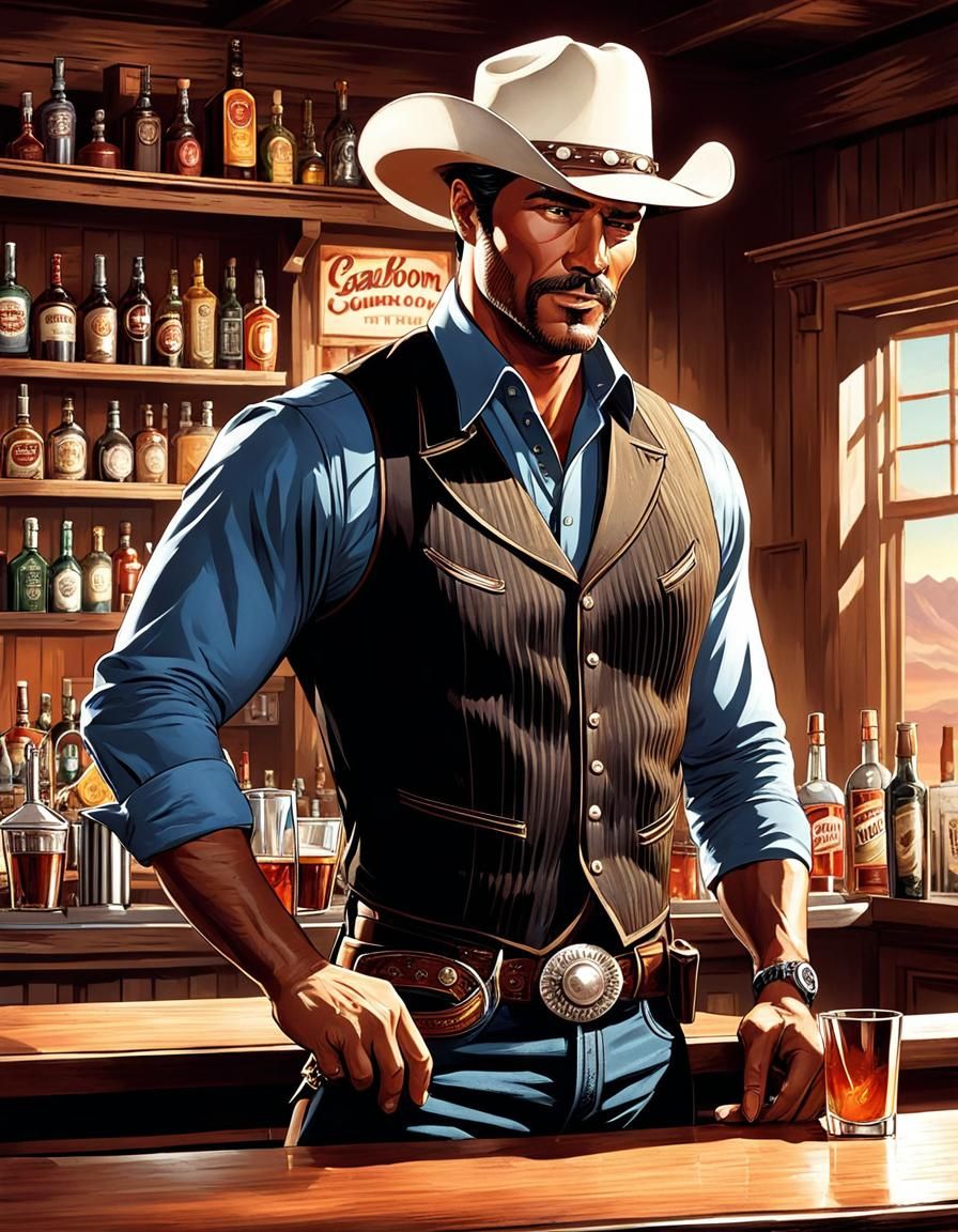 Cowboy Bartender Shakes Cocktail in Wild West Saloon