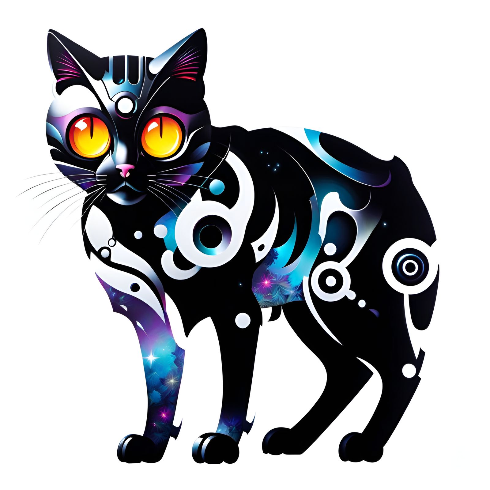 Robotic Cat in Metallic Graffiti Art Style